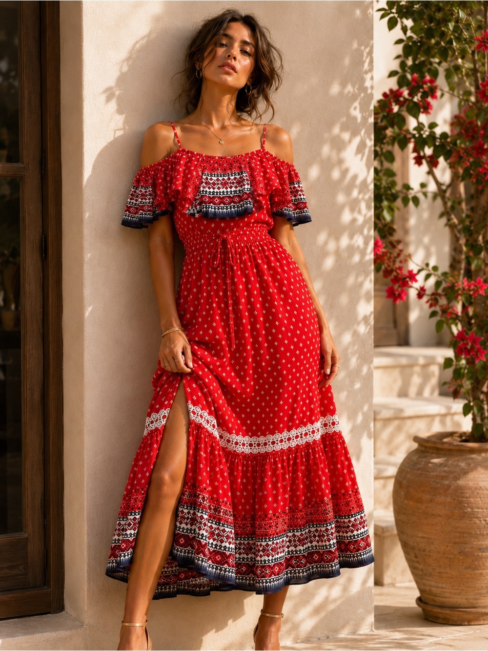 MISA Los Angeles Larsen Red Off-Shoulder Maxi Dress Medium